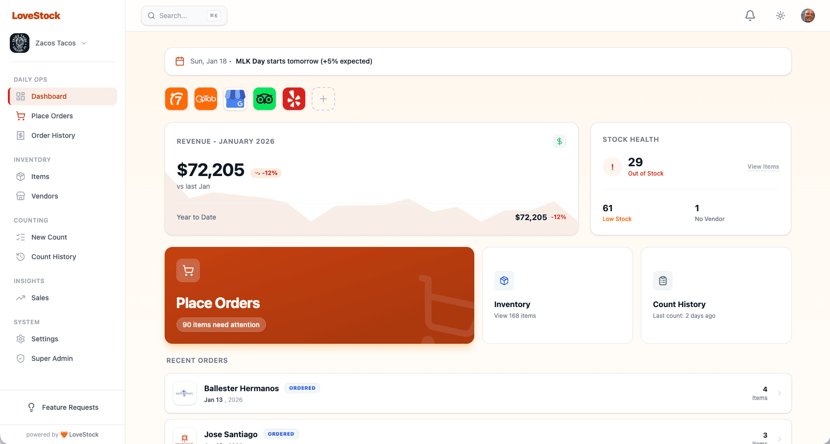 86 web dashboard showing inventory counts and holiday alerts