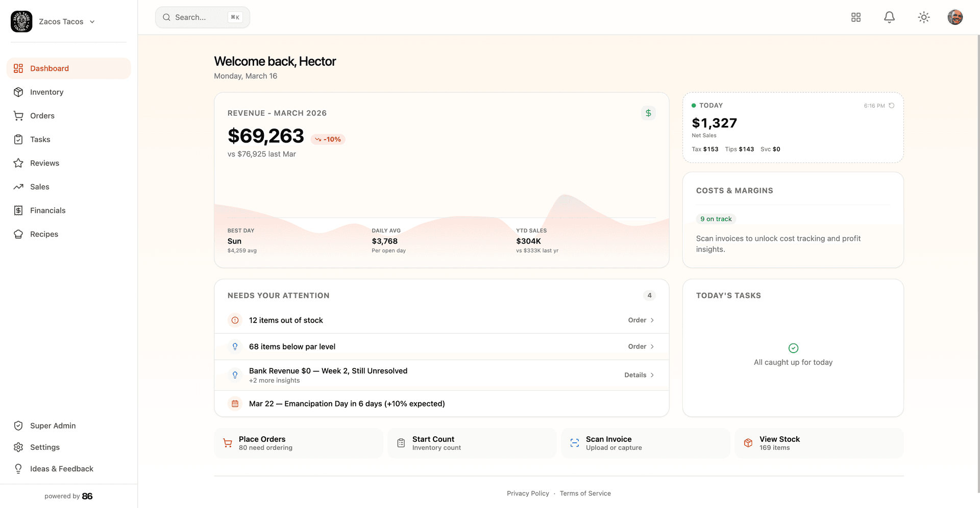 86 web dashboard showing inventory, accounting, and more