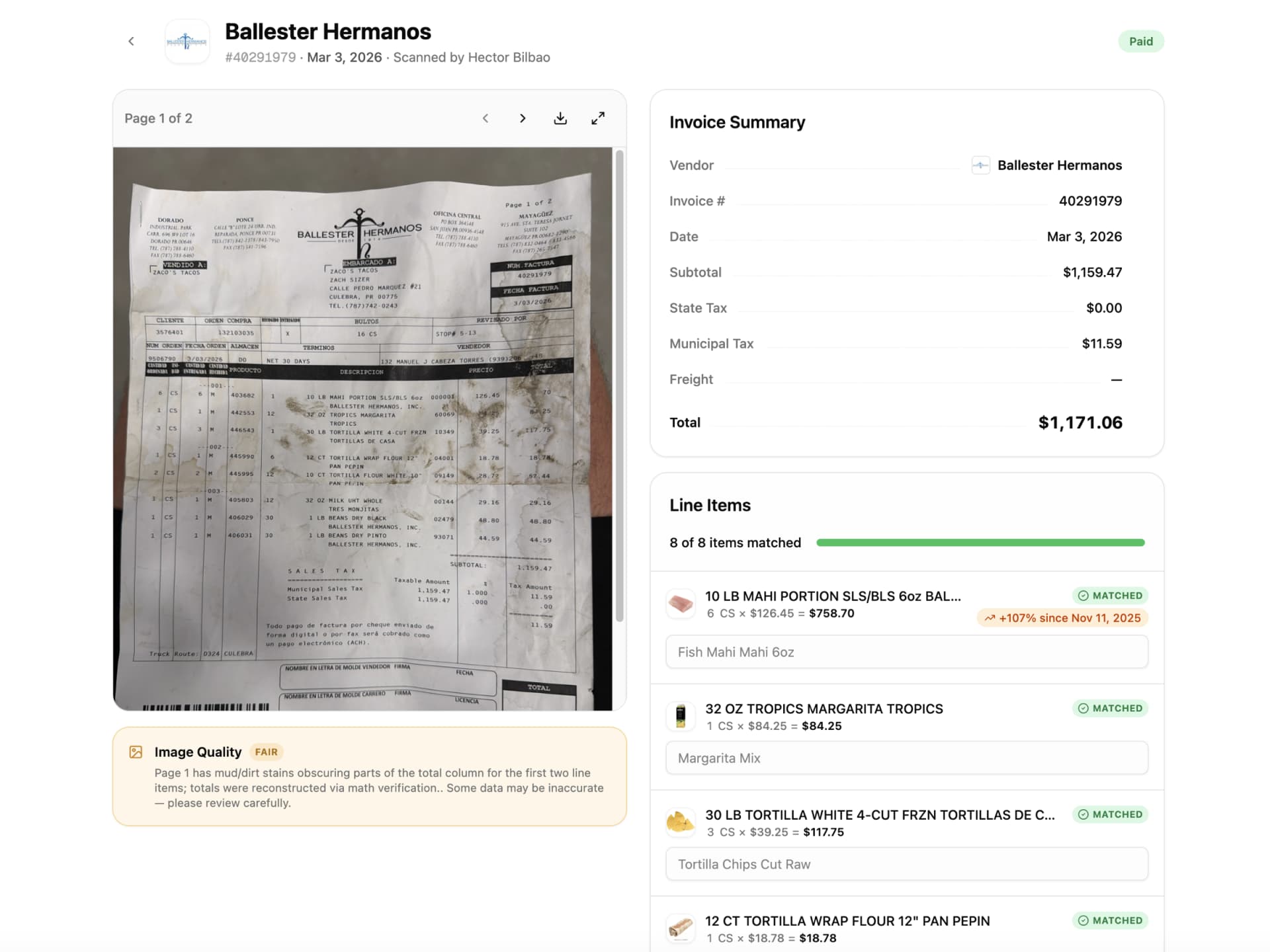 AI-extracted invoice line items matched to inventory with price hike detection