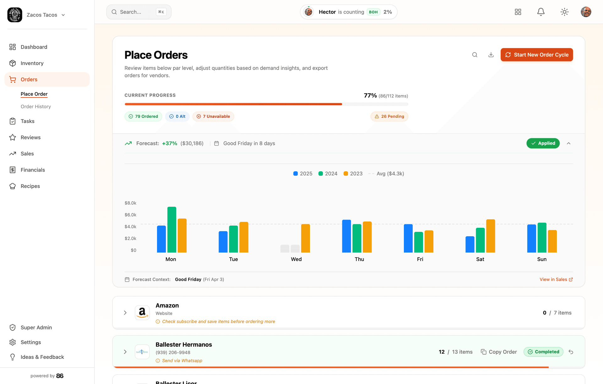 86 web dashboard — Place Orders with forecast and vendor progress